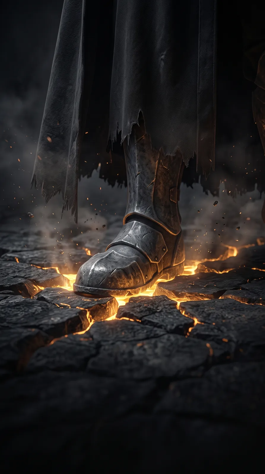 An armored foot planted on cracked stone