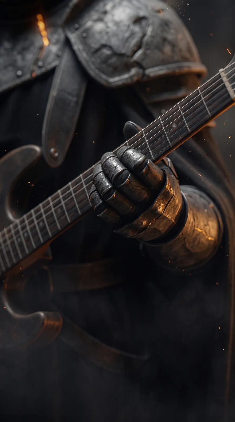 An armored hand on the guitar neck