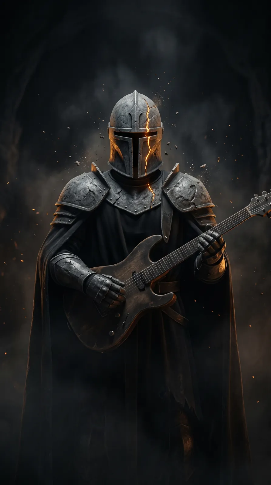 The helmed figure, guitar in hand