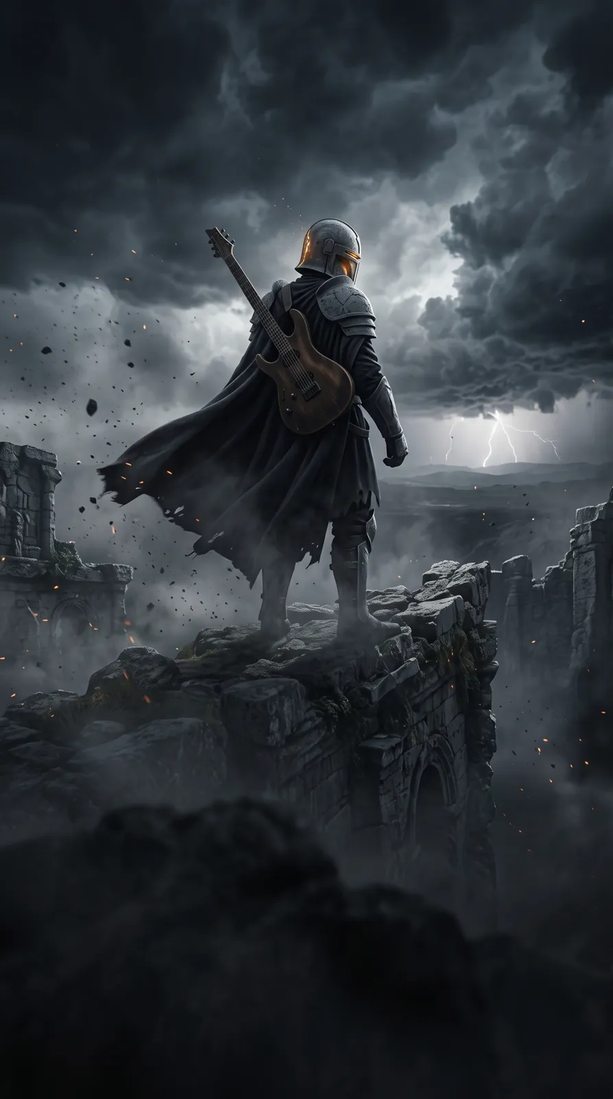 The figure seen from behind on a cliff edge, storm ahead