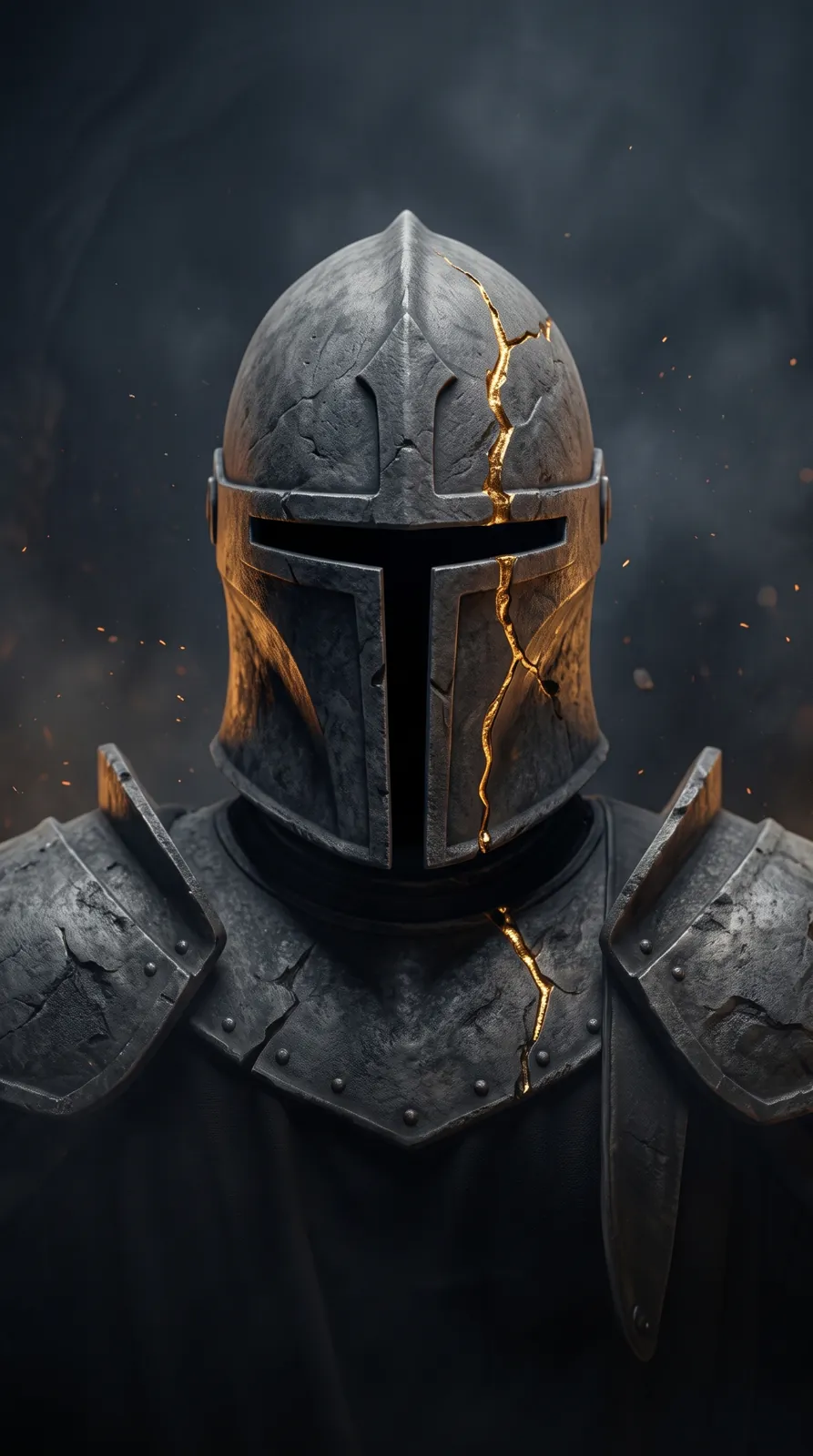 The helm up close, gold running through the cracks
