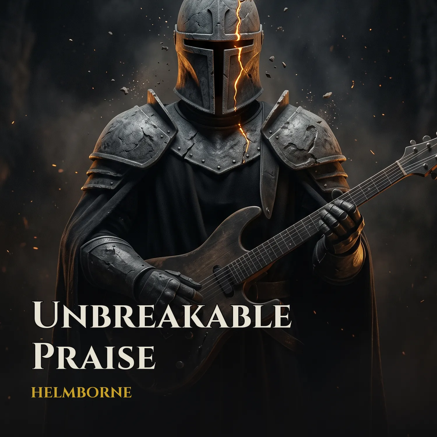 Unbreakable Praise cover: the helmed figure with a guitar, a gold crack running down the helm